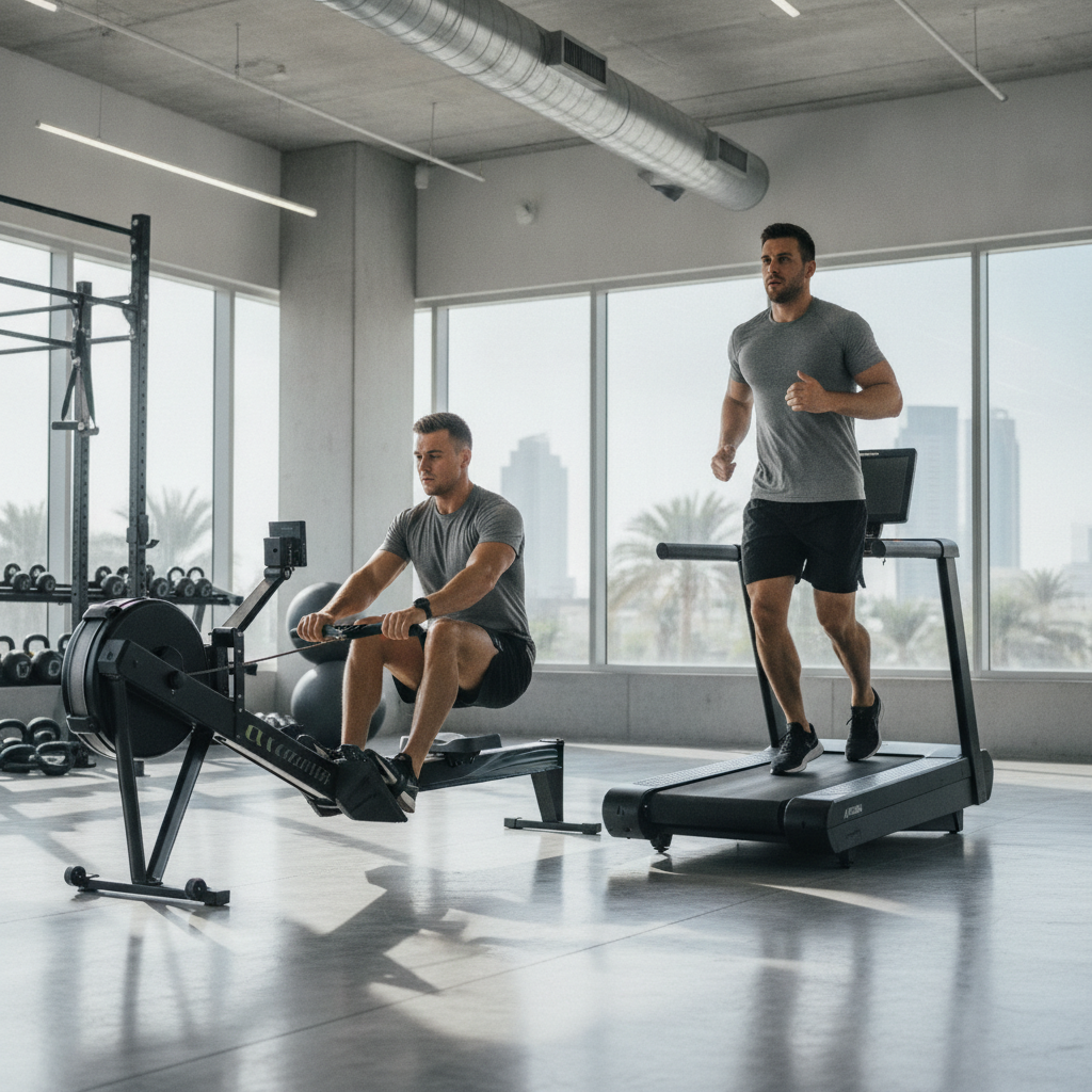A focused athlete completing rowing and running drills as part of structured Hyrox training in Dubai's functional gyms