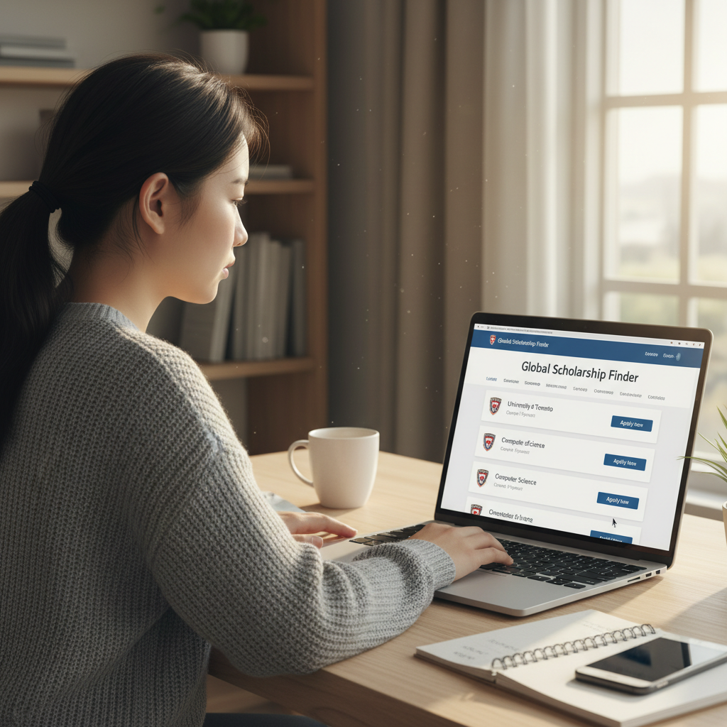 Student browsing a scholarship search engine to compare university programs and funding options available worldwide
