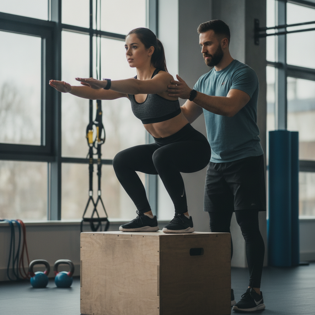Expert coach helping an athlete overcome functional movement challenges with proper bodyweight exercise technique and form