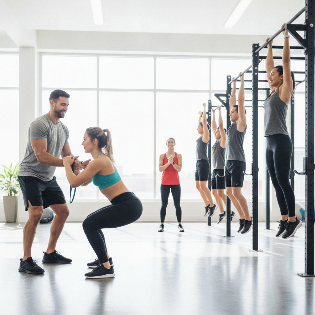 Coach demonstrating calisthenics movement to an individual and a group, highlighting a coaching formats comparison at a functional gym