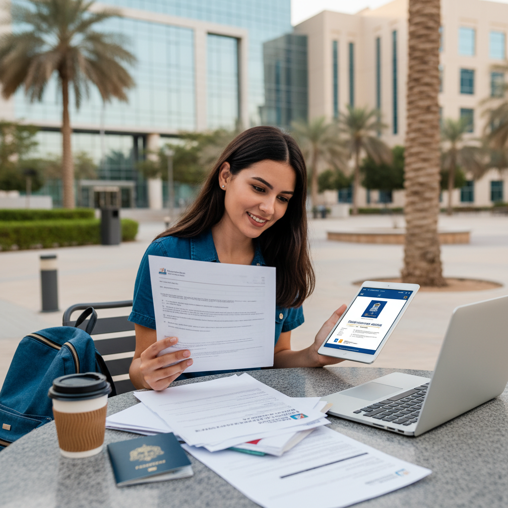 International student reviewing Dubai university requirements with application documents on a modern university campus in the UAE