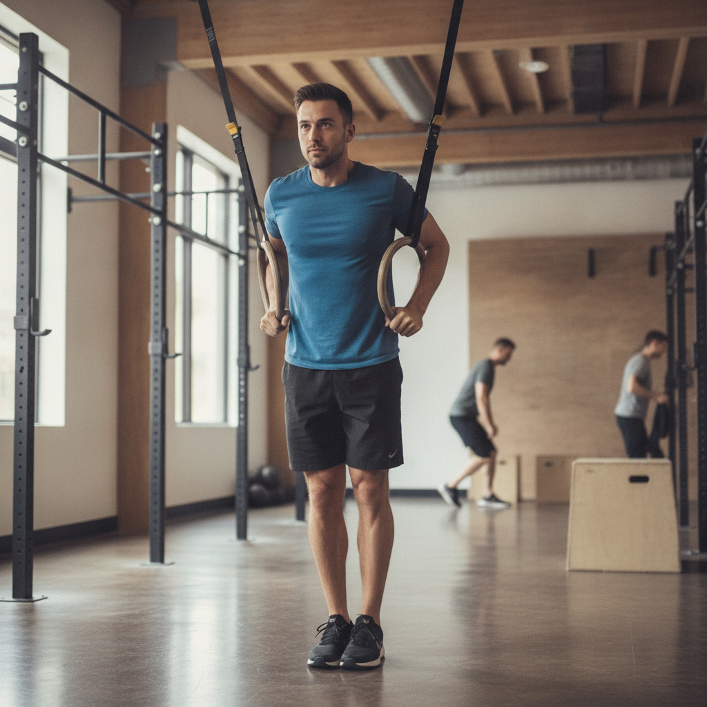 Person performing bodyweight exercises on gym rings, showcasing the core movements behind calisthenics training for all fitness levels