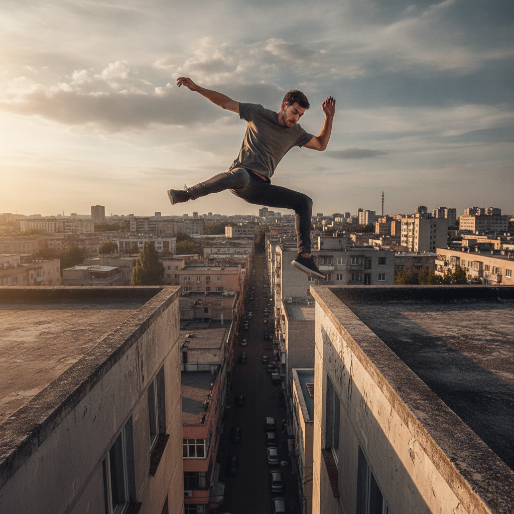 Parkour athlete making training mistakes with improper jump technique during an urban movement practice session
