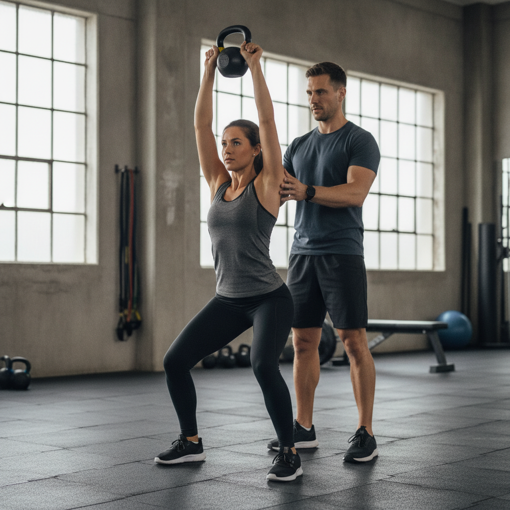Coach guiding an athlete through functional strength training exercises focused on compound movement patterns