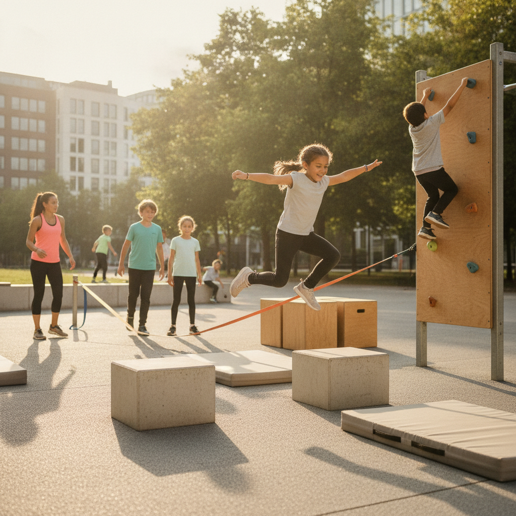 Children jumping and climbing during a parkour session, highlighting parkour vs other sports for physical and developmental benefits