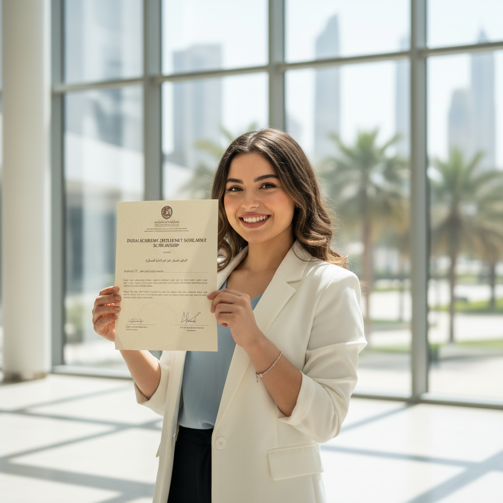 A university student holding an award letter representing merit-based vs need-based scholarships Dubai institutions offer to international applicants