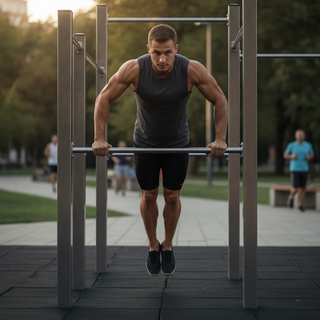 Fit athlete performing bodyweight exercises on outdoor bars, showcasing the core parkour calisthenics benefits for strength and mobility