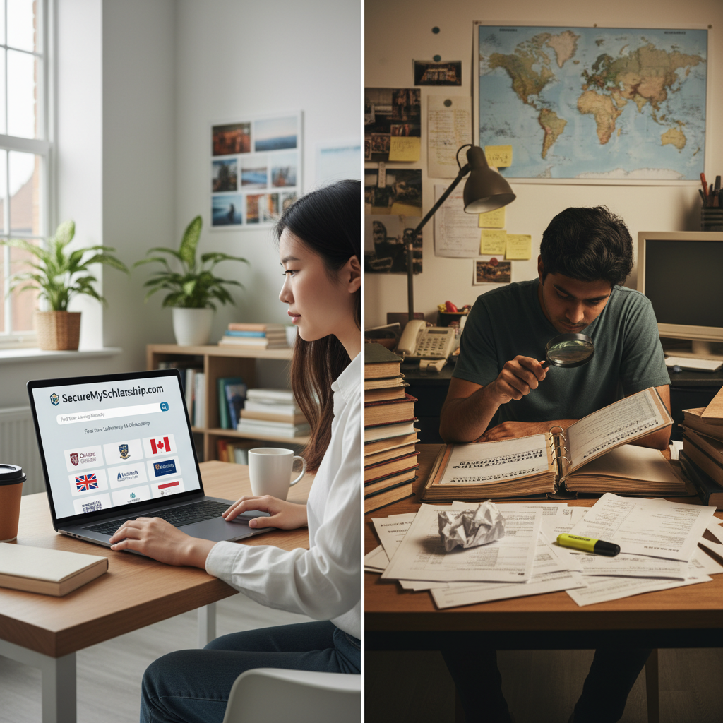 Student conducting a scholarship search platform comparison between digital tools and traditional methods for international university funding