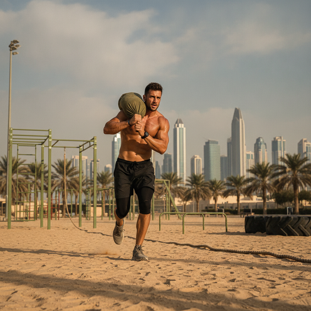 Fit athlete carrying sandbag lunges as part of hyrox training Dubai obstacle event preparation program