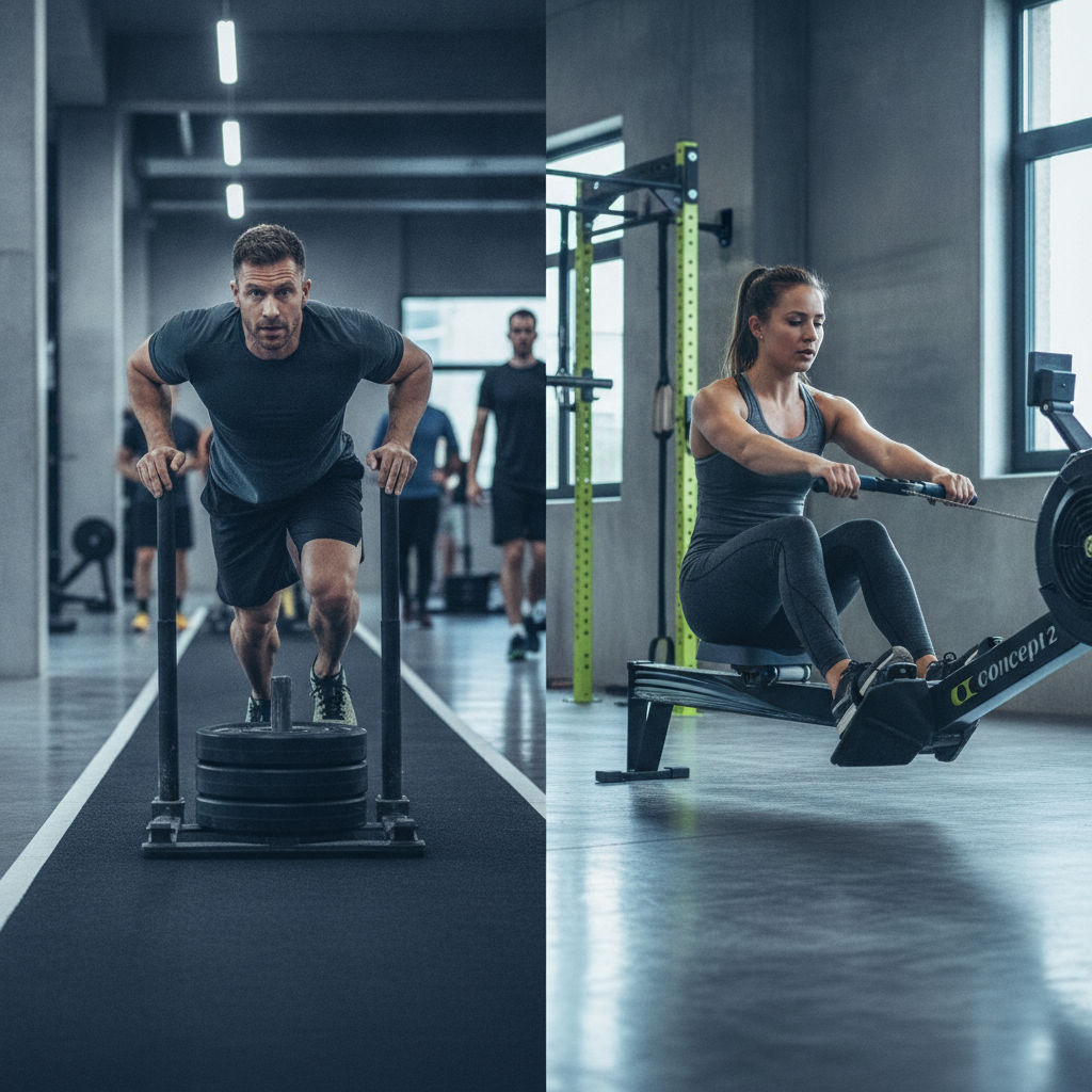 Gym athlete completing sled and rowing drills as part of a progressive Hyrox training timeline program
