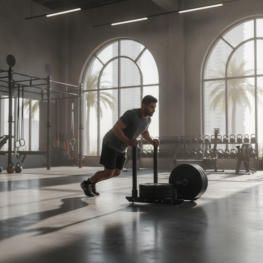 Athlete completing a sled push drill at the best Hyrox gym Dubai provides for structured event training sessions