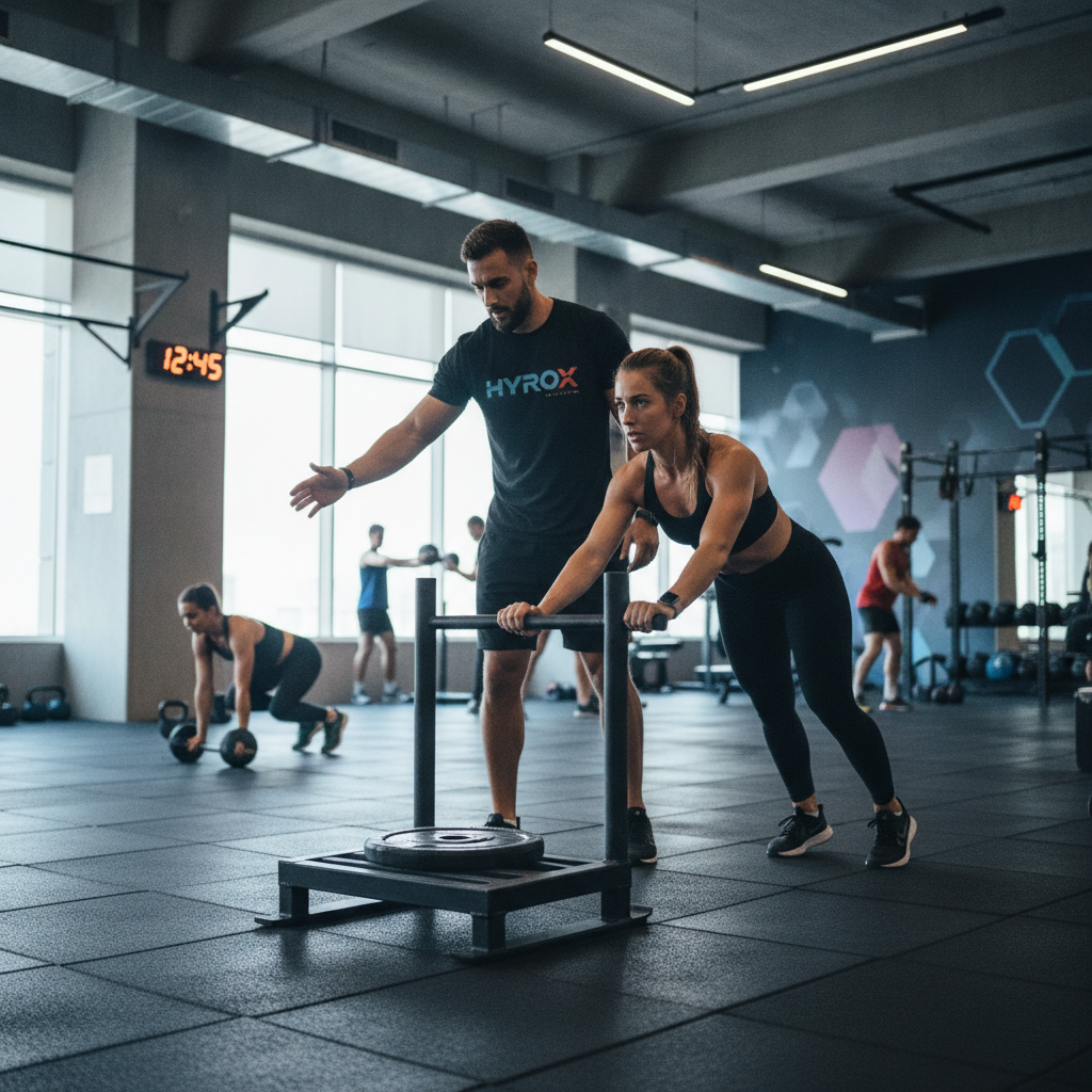 Coach guiding an athlete through a sled push drill, reflecting the Hyrox class formats Dubai gyms use in personal training