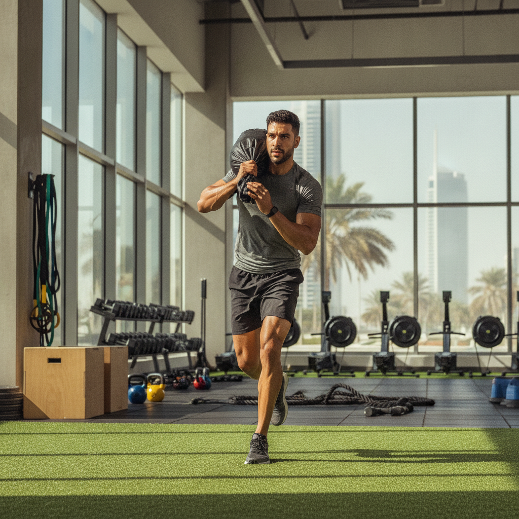 Fit athlete carrying sandbag through functional workout station, reflecting the intensity of Hyrox training in Dubai