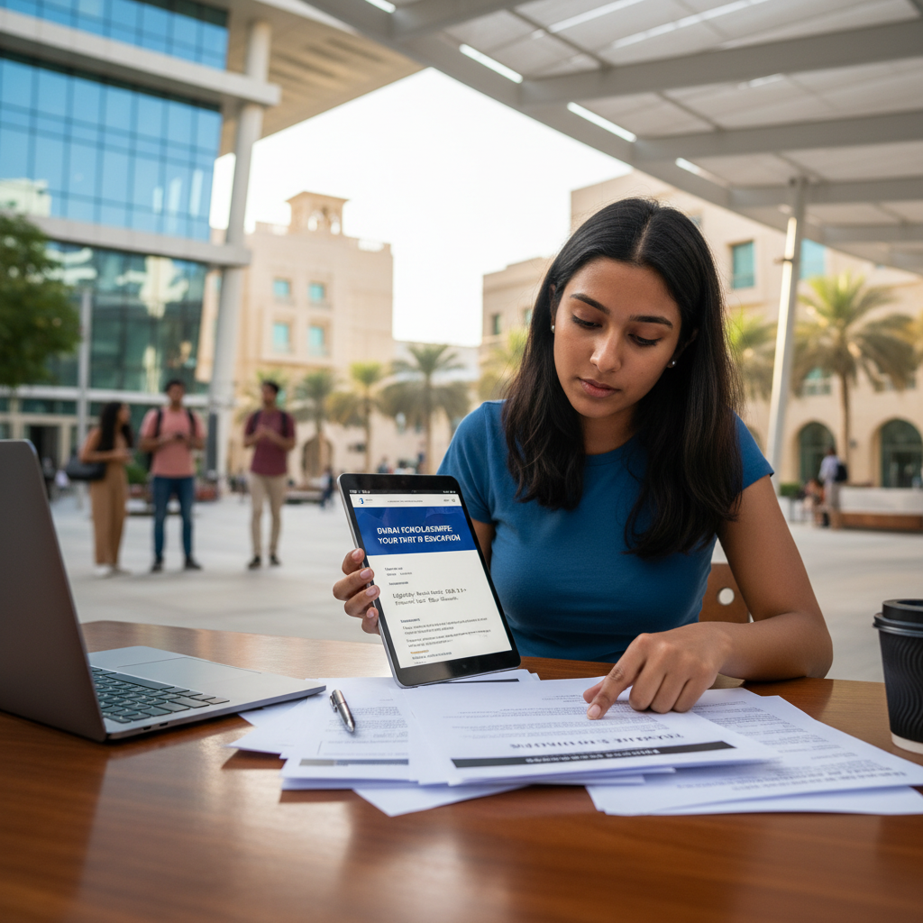 International student reviewing scholarship documents, illustrating how scholarships work at Dubai universities to fund higher education