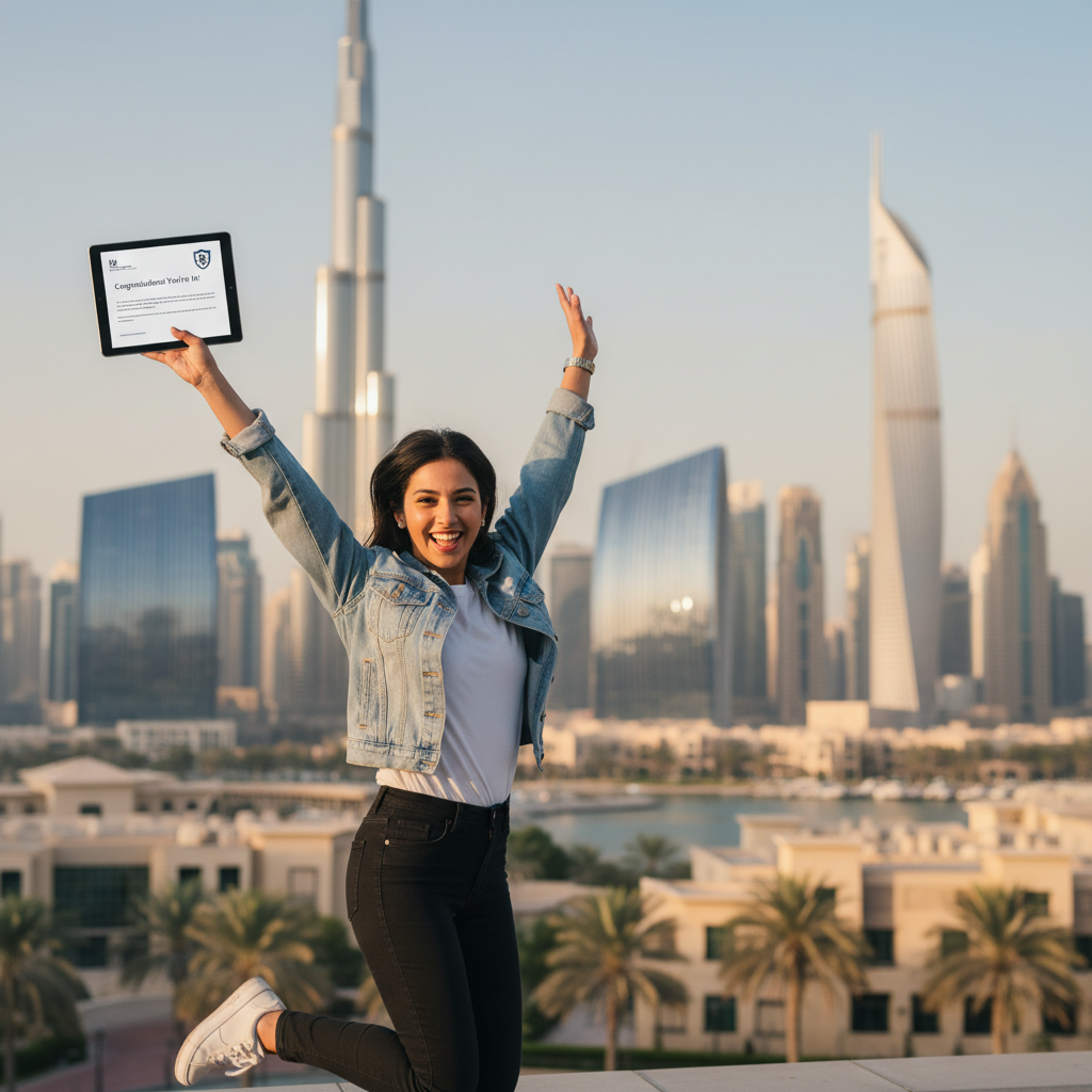 International student smiling with acceptance letter, representing scholarships for Dubai universities against a modern campus backdrop
