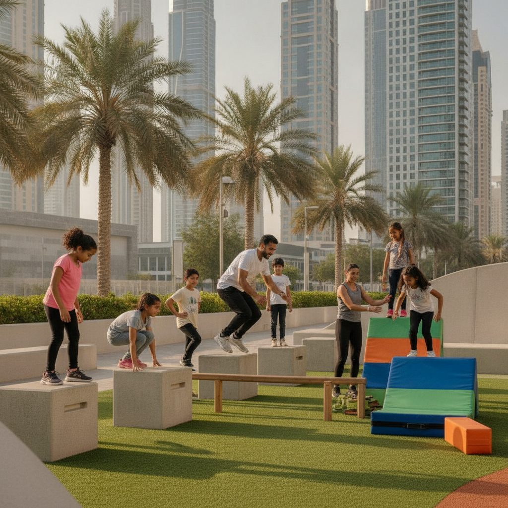 Instructor supporting kids in parkour class by demonstrating safe landing techniques on padded gym equipment in Dubai
