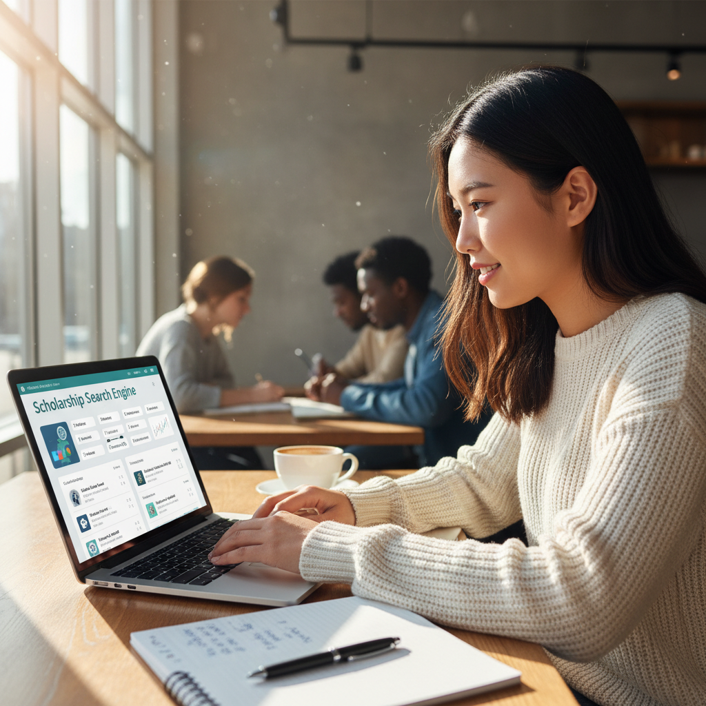 International student using a scholarship search engine on a laptop to discover global university funding opportunities