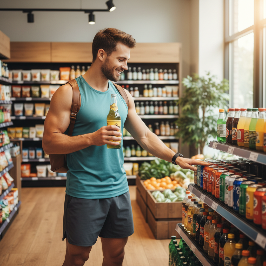 Young health-conscious person choosing a natural herbal sparkling drink, leaving sugary drinks behind — the problem solved with Club-Mate
