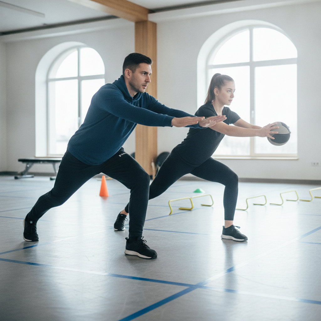A coach guiding an athlete through structured progressions in functional movement training inside a calisthenics gym