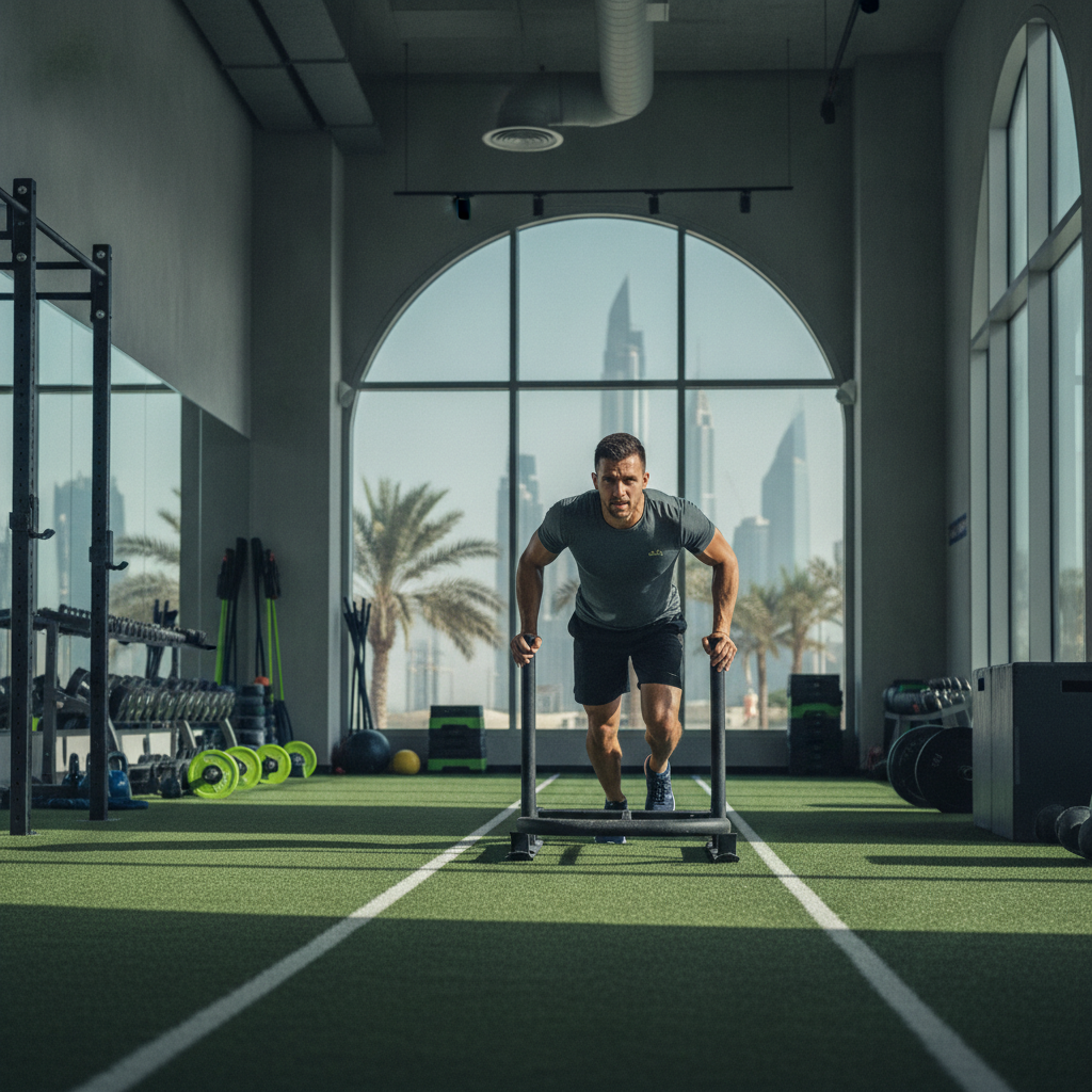 Athlete pushing a weighted sled during a Hyrox workout — the best guide to where to train Hyrox Dubai