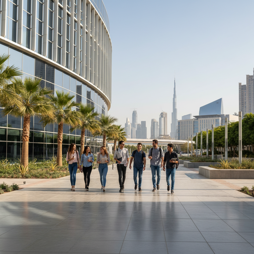 Students walking across a modern university campus in Dubai, representing the journey to apply to university in Dubai successfully
