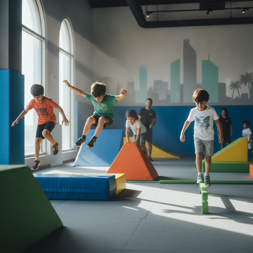 Children practicing parkour movements on indoor equipment at a kids parkour gym in Dubai, developing strength and coordination