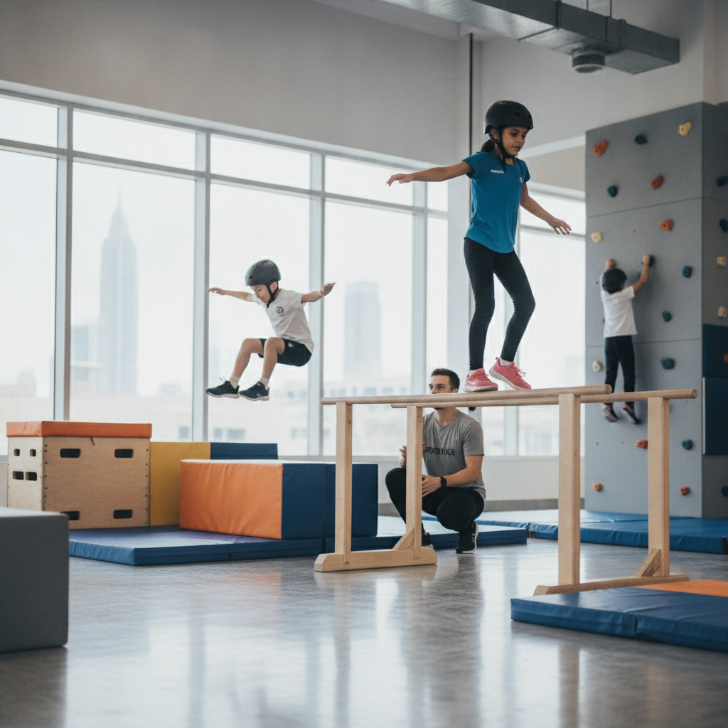 Group of children learning safe movement on gym obstacles, showing how starting parkour for kids develops agility and focus